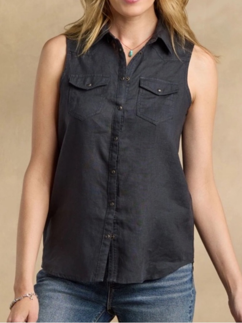 Sundance Sleeveless Willow Linen Top Snap Front Buttondown Shirt Black Size L